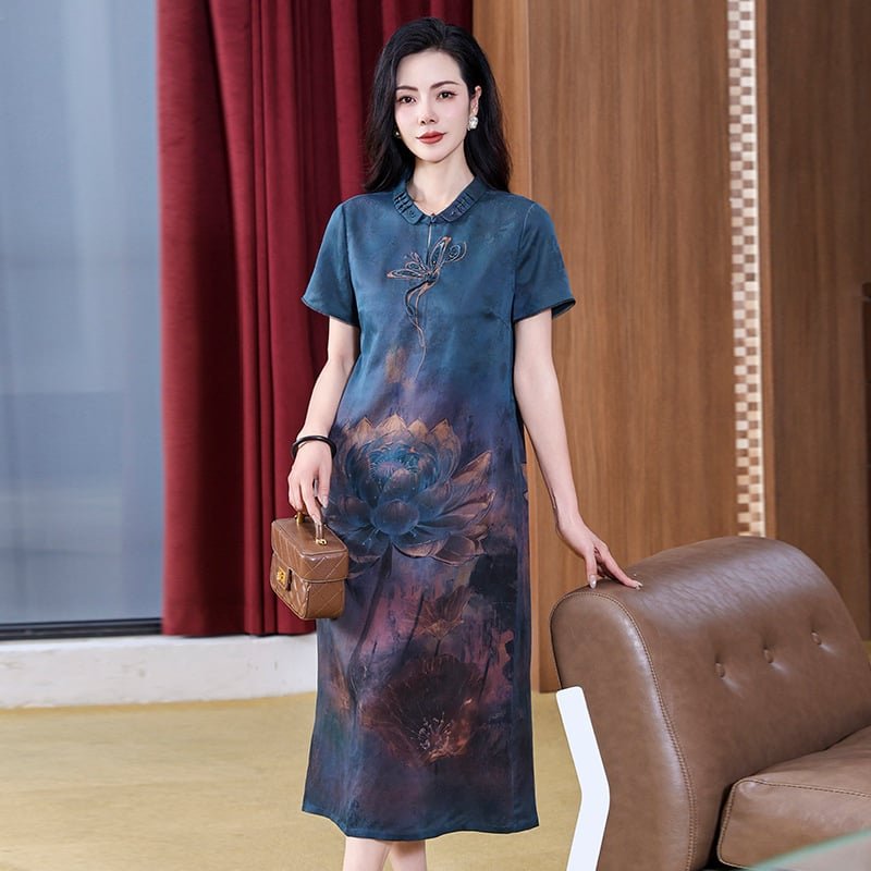 Breathable Gambiered Guangdong Silk summer dress with hand-painted floral motifs, perfect for garden parties