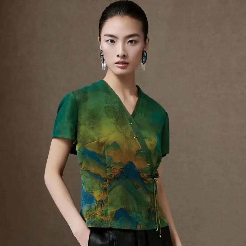 Elegant Xiangyunsha Silk dress, crafted from Gambiered Silk Fabric, highlighting its sustainable charm and luxurious appeal.